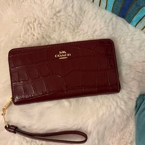 Coach Croc-Embossed Zip Wristlet in Burgundy with Gold Hardware
